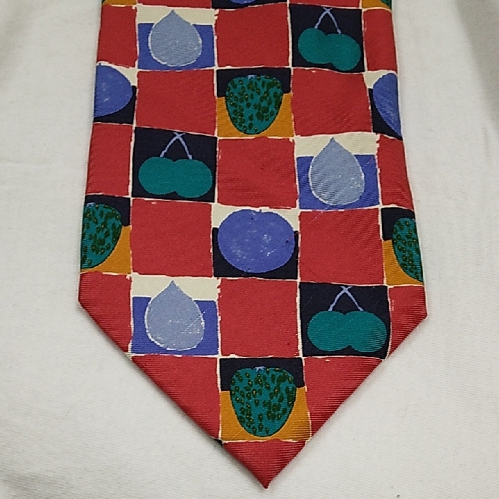 Vintage Yves Saint Laurent YSL Red Multicolor Checkered Fruit Necktie
